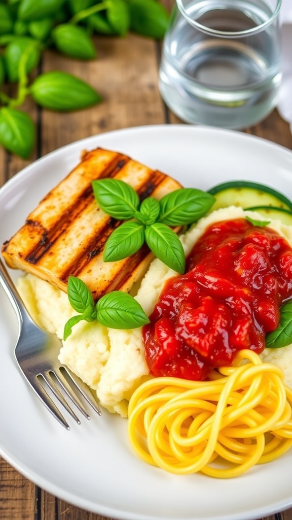 A low carb dinner plate with grilled chicken, cauliflower mash, and zucchini noodles in marinara sauce, garnished with basil.